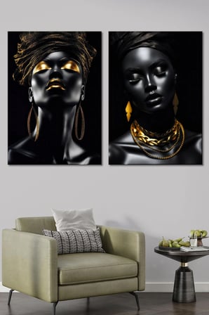 2'li Siyah ve Altın Afro Kadın Portresi Kanvas Tablo Seti - Lüks Ve Modern Duvar Dekoru