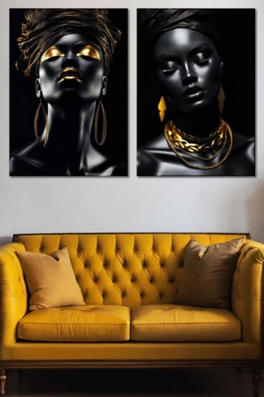 2'li Siyah ve Altın Afro Kadın Portresi Kanvas Tablo Seti - Lüks Ve Modern Duvar Dekoru