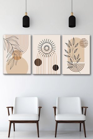 3'lü Bohem Kanvas Tablo Seti 1 - Modern Boho Duvar Dekoru - Geometrik ve Modern Çizgili 3 Parça Tablo