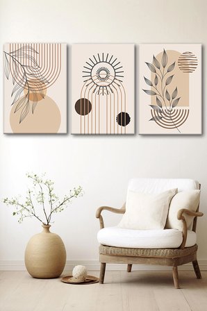 3'lü Bohem Kanvas Tablo Seti 1 - Modern Boho Duvar Dekoru - Geometrik ve Modern Çizgili 3 Parça Tablo