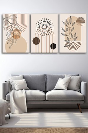 3'lü Bohem Kanvas Tablo Seti 1 - Modern Boho Duvar Dekoru - Geometrik ve Modern Çizgili 3 Parça Tablo