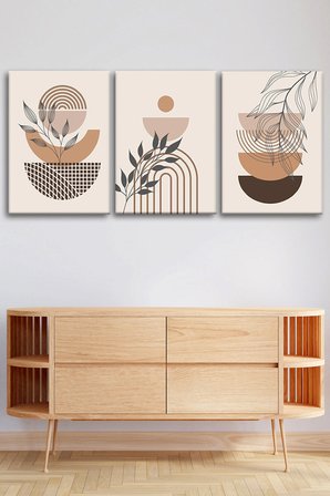 3'lü Bohem Kanvas Tablo Seti 2 - Modern Boho Duvar Dekoru - Geometrik ve Modern Çizgili 3 Parça Tablo
