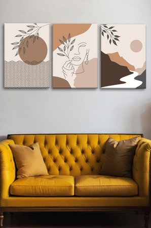 3'lü Bohem Kanvas Tablo Seti 3 - Modern Boho Duvar Dekoru - Geometrik ve Modern Çizgili 3 Parça Tablo