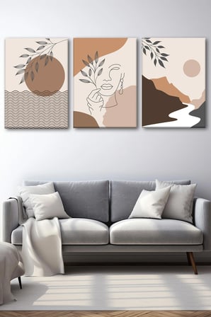 3'lü Bohem Kanvas Tablo Seti 3 - Modern Boho Duvar Dekoru - Geometrik ve Modern Çizgili 3 Parça Tablo