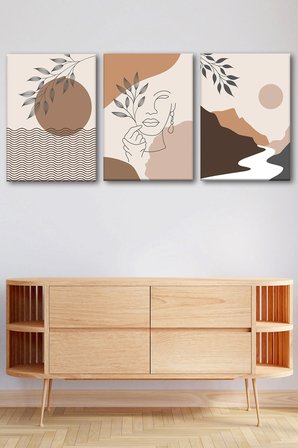 3'lü Bohem Kanvas Tablo Seti 3 - Modern Boho Duvar Dekoru - Geometrik ve Modern Çizgili 3 Parça Tablo