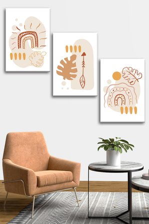 3'lü Bohem Kanvas Tablo Seti 4 - Modern Boho Duvar Dekoru - Geometrik ve Modern Çizgili 3 Parça Tablo