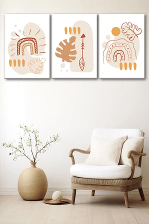 3'lü Bohem Kanvas Tablo Seti 4 - Modern Boho Duvar Dekoru - Geometrik ve Modern Çizgili 3 Parça Tablo