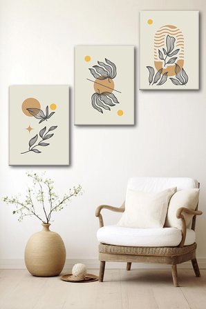 3'lü Bohem Kanvas Tablo Seti 5 - Modern Boho Duvar Dekoru - Geometrik ve Modern Çizgili 3 Parça Tablo
