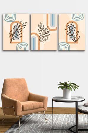 3'lü Bohem Kanvas Tablo Seti 6 - Modern Boho Duvar Dekoru - Geometrik ve Modern Çizgili 3 Parça Tablo