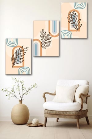 3'lü Bohem Kanvas Tablo Seti 6 - Modern Boho Duvar Dekoru - Geometrik ve Modern Çizgili 3 Parça Tablo
