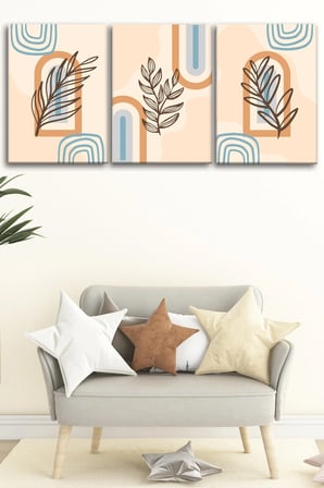 3'lü Bohem Kanvas Tablo Seti 6 - Modern Boho Duvar Dekoru - Geometrik ve Modern Çizgili 3 Parça Tablo
