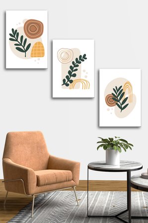 3'lü Bohem Kanvas Tablo Seti 7 - Modern Boho Duvar Dekoru - Geometrik ve Modern Çizgili 3 Parça Tablo