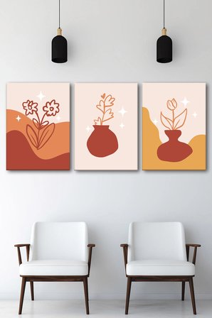 3'lü Bohem Kanvas Tablo Seti 8 - Modern Boho Duvar Dekoru - Geometrik ve Modern Çizgili 3 Parça Tablo