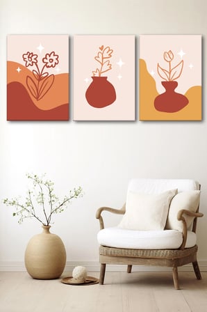 3'lü Bohem Kanvas Tablo Seti 8 - Modern Boho Duvar Dekoru - Geometrik ve Modern Çizgili 3 Parça Tablo