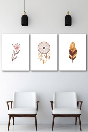 3'lü Bohem Kanvas Tablo Seti 9 - Modern Boho Duvar Dekoru - Geometrik ve Modern Çizgili 3 Parça Tablo