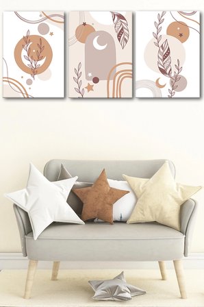 3'lü Bohem Kanvas Tablo Seti 10 - Modern Boho Duvar Dekoru - Geometrik ve Modern Çizgili 3 Parça Tablo