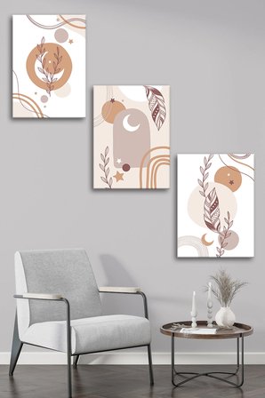 3'lü Bohem Kanvas Tablo Seti 10 - Modern Boho Duvar Dekoru - Geometrik ve Modern Çizgili 3 Parça Tablo