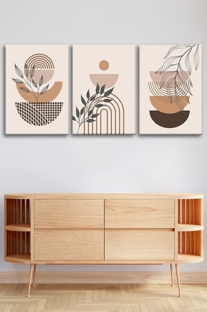 3'lü Bohem Kanvas Tablo Seti 2 - Modern Boho Duvar Dekoru - Geometrik ve Modern Çizgili 3 Parça Tablo