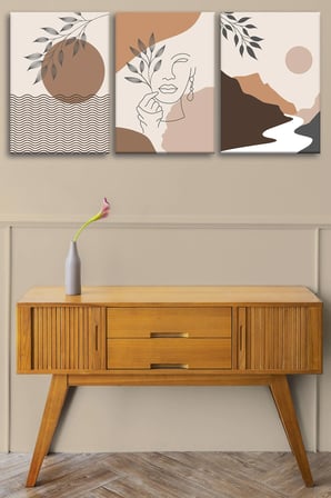 3'lü Bohem Kanvas Tablo Seti 3 - Modern Boho Duvar Dekoru - Geometrik ve Modern Çizgili 3 Parça Tablo