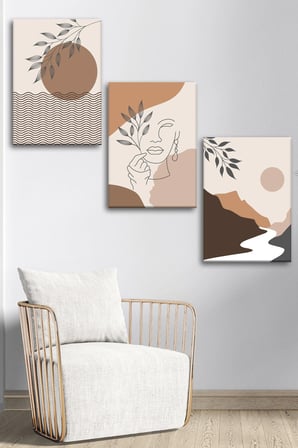 3'lü Bohem Kanvas Tablo Seti 3 - Modern Boho Duvar Dekoru - Geometrik ve Modern Çizgili 3 Parça Tablo