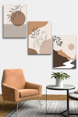 3'lü Bohem Kanvas Tablo Seti 3 - Modern Boho Duvar Dekoru - Geometrik ve Modern Çizgili 3 Parça Tablo