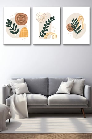 3'lü Bohem Kanvas Tablo Seti 7 - Modern Boho Duvar Dekoru - Geometrik ve Modern Çizgili 3 Parça Tablo