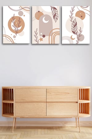 3'lü Bohem Kanvas Tablo Seti 10 - Modern Boho Duvar Dekoru - Geometrik ve Modern Çizgili 3 Parça Tablo