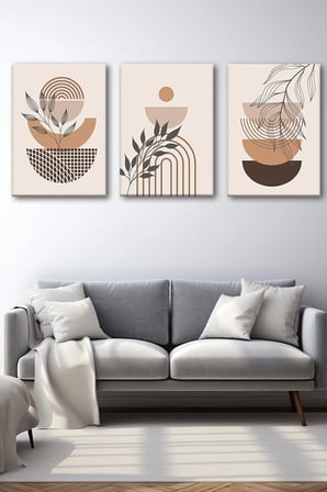 3'lü Bohem Kanvas Tablo Seti 2 - Modern Boho Duvar Dekoru - Geometrik ve Modern Çizgili 3 Parça Tablo