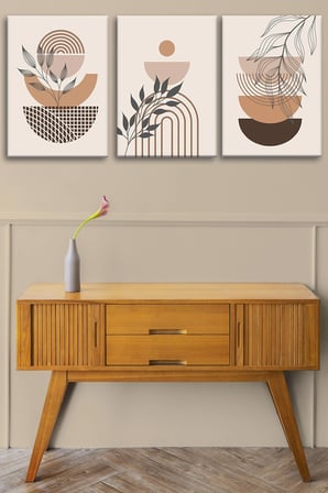 3'lü Bohem Kanvas Tablo Seti 2 - Modern Boho Duvar Dekoru - Geometrik ve Modern Çizgili 3 Parça Tablo