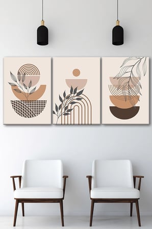 3'lü Bohem Kanvas Tablo Seti 2 - Modern Boho Duvar Dekoru - Geometrik ve Modern Çizgili 3 Parça Tablo