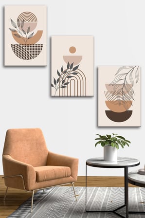 3'lü Bohem Kanvas Tablo Seti 2 - Modern Boho Duvar Dekoru - Geometrik ve Modern Çizgili 3 Parça Tablo