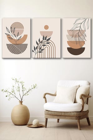 3'lü Bohem Kanvas Tablo Seti 2 - Modern Boho Duvar Dekoru - Geometrik ve Modern Çizgili 3 Parça Tablo