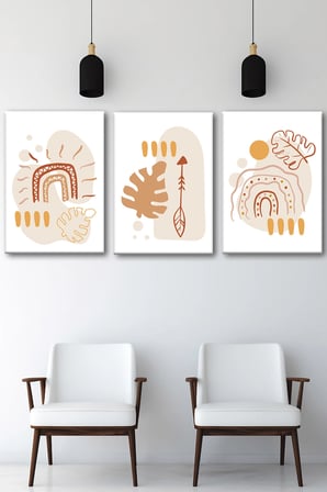 3'lü Bohem Kanvas Tablo Seti 4 - Modern Boho Duvar Dekoru - Geometrik ve Modern Çizgili 3 Parça Tablo