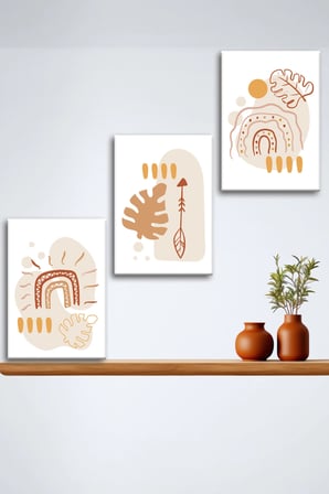 3'lü Bohem Kanvas Tablo Seti 4 - Modern Boho Duvar Dekoru - Geometrik ve Modern Çizgili 3 Parça Tablo