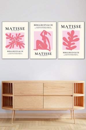 Henri Matisse 3'lü Kanvas Tablo Seti - Pembe Estetik Soyut Duvar Tablosu Seti Modern Salon Ve Yatak Odası Dekorasyonu