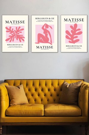 Henri Matisse 3'lü Kanvas Tablo Seti - Pembe Estetik Soyut Duvar Tablosu Seti Modern Salon Ve Yatak Odası Dekorasyonu