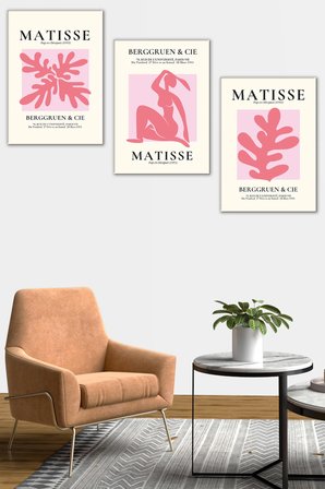 Henri Matisse 3'lü Kanvas Tablo Seti - Pembe Estetik Soyut Duvar Tablosu Seti Modern Salon Ve Yatak Odası Dekorasyonu