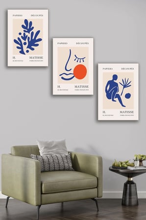 Henri Matisse 3'lü Kanvas Tablo Seti - Modern Soyut Minimalist Duvar Dekoru