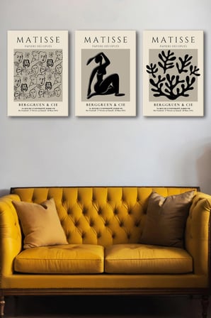 Henri Matisse 3'lü Kanvas Tablo Seti - Vizon Siyah Soyut Yüz Ve Figür Çizimli Modern Duvar Tablosu Seti