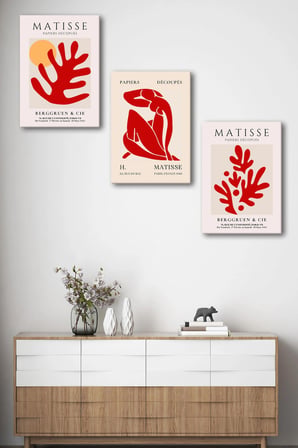 Henri Matisse 3'lü Kanvas Tablo Seti - Kırmızı Soyut Yaprak Ve Figör Tasarımlı Modern Duvar Tablosu Seti