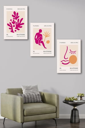 Henri Matisse 3'lü Kanvas Tablo Seti - Fuşya Pembe Soyut Yüz Ve Yaprak Tasarımlı Modern Duvar Tablosu Seti
