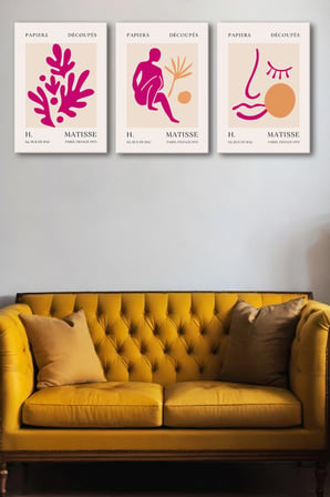 Henri Matisse 3'lü Kanvas Tablo Seti - Fuşya Pembe Soyut Yüz Ve Yaprak Tasarımlı Modern Duvar Tablosu Seti