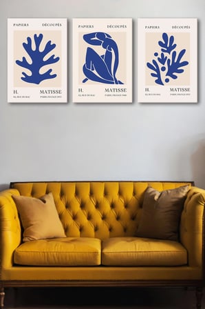 Henri Matisse 3'lü Kanvas Tablo Seti - Saks Mavisi Soyut Yaprak Ve Figür Tasarımlı Modern Duvar Tablosu Seti
