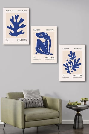 Henri Matisse 3'lü Kanvas Tablo Seti - Saks Mavisi Soyut Yaprak Ve Figür Tasarımlı Modern Duvar Tablosu Seti