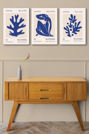 Henri Matisse 3'lü Kanvas Tablo Seti - Saks Mavisi Soyut Yaprak Ve Figür Tasarımlı Modern Duvar Tablosu Seti