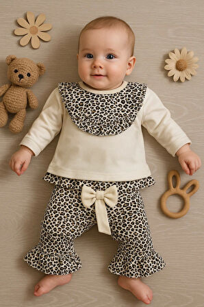 Leopar Detaylı 2'li Kız Bebek Takım %100 Pamuk