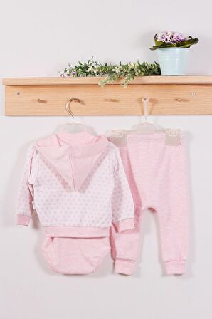 Puan Desenli Kapişonlu % 100 Pamuk 3'lü Kız Bebek Takım Pembe