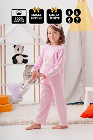 Unicorn Desenli Çanta Ve Maskeli % 100 Pamuk Kız Çocuk Pijama Takımı