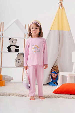 Unicorn Desenli Çanta Ve Maskeli % 100 Pamuk Kız Çocuk Pijama Takımı