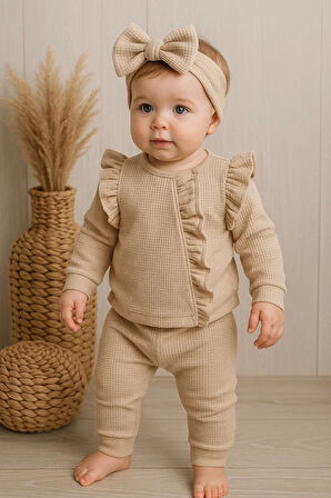 Orkide Desenli Fisto Detaylı 3 Parça Kız Bebek Takımı %100 Pamuk